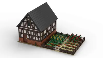 Small timber barn with vegetable garden