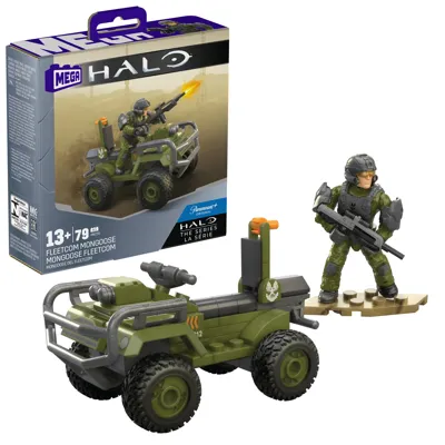 Halo Bauspielzeug Set, FLEETCOM Mongoose ATV Fahrzeug mit 79 Teilen, 2 beweglichen Mikro-Actionfiguren und Zubehör