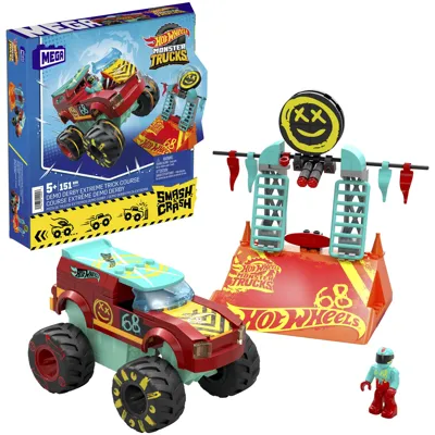 Hot Wheels™ Monster Trucks Bauspielzeug, Demo Derby Extreme Stunt-Set mit 151 Teilen und 1 Mikro-Actionfigur, rot, Geschenkideen für Kinder