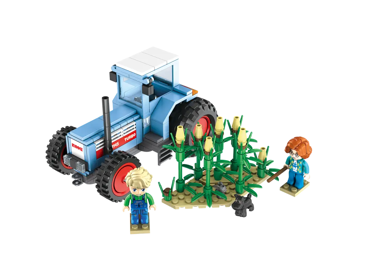 Kiddicraft KC1113 Roter Trecker Mit Walze & Mähbalken – 96-teiliges Klemmbaustein-Set Für Bauernhof-Szenen, Inkl. Figur