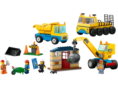 City Construction Trucks and Wrecking Ball Crane