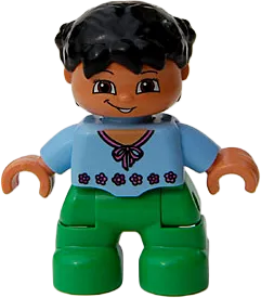 Duplo Figure Lego Ville - Child Girl, Bright Green Legs, Light Blue Top with Red Flowers, Black Hair minifigure