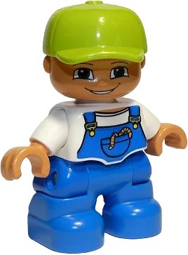 Duplo Figure Lego Ville - Child Boy, Blue Legs, White Top with Blue Overalls, Worms in Pocket, Lime Cap minifigure