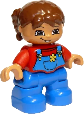 Duplo Figure Lego Ville - Child Girl, Blue Legs Overalls with Yellow Flower in Pocket, Red Top, Reddish Brown Hair, Brown Eyes minifigure