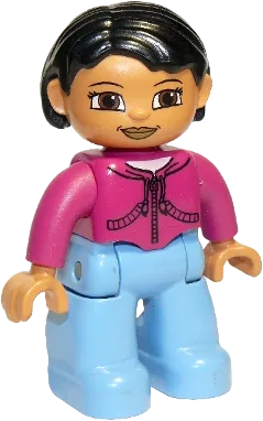 Duplo Figure Lego Ville - Female, Medium Blue Legs, Magenta Top, Black Hair, Brown Eyes minifigure