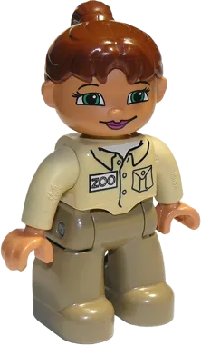 Duplo Figure Lego Ville - Female, Dark Tan Legs, Tan Top, Reddish Brown Ponytail Hair, Green Eyes (Zoo Keeper) minifigure