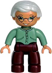 Duplo Figure Lego Ville - Female, Dark Red Legs, Sand Green Sweater, Very Light Gray Hair, Green Eyes, Glasses minifigure