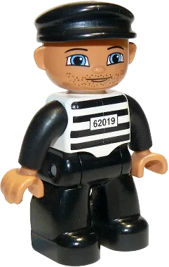 Duplo Figure Lego Ville - Male Prisoner, Black Cap, Light Nougat Head and Hands, Black and White Striped Shirt with '62019', Black Legs minifigure