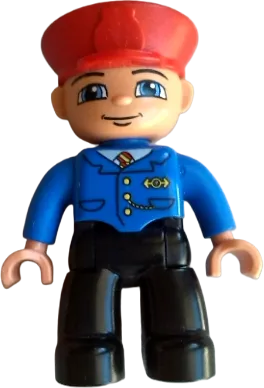 Duplo Figure Lego Ville - Male Train Conductor, Red Hat, Smile with Closed Mouth, Blue Jacket with Yellow and Red Tie, Black Legs minifigure