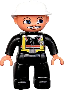 Duplo Figure Lego Ville - Male Fireman, Black Legs, Nougat Hands, White Helmet, Light Gray Moustache minifigure