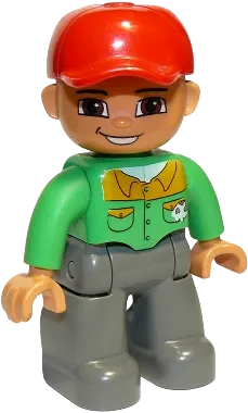 Duplo Figure Lego Ville - Male, Dark Bluish Gray Legs, Bright Green Button Down Shirt, Red Cap, Brown Eyes, Open Mouth Smile (Mechanic) minifigure