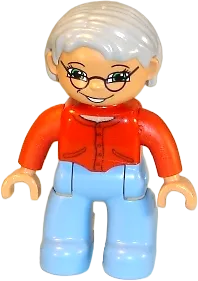 Duplo Figure Lego Ville - Female, Medium Blue Legs, Red Sweater, Very Light Gray Hair, Blue Eyes, Glasses minifigure