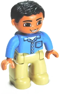 Duplo Figure Lego Ville - Male, Tan Legs, Medium Blue Shirt with Pocket and 4 Buttons, Black Hair minifigure