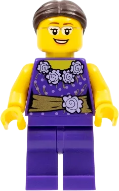 LEGOLAND Park Female - Dark Purple Blouse with Gold Sash and Flowers, Dark Brown Hair minifigure