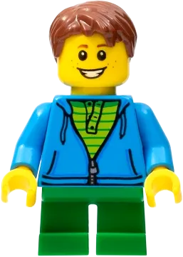 LEGOLAND Park Boy - Reddish Brown Hair, Hoodie with Zipper over Lime and Green Striped Shirt and Green Legs minifigure