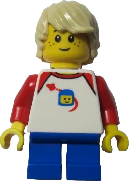 LEGOLAND Park Boy - Tan Hair, Shirt with Red Collar and Shoulders, Spaceship Orbiting Classic Space Helmet Pattern and Short Blue Legs minifigure