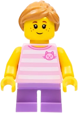 Child - Girl, Bright Pink Striped Shirt with Cat Head, Medium Lavender Short Legs, Medium Nougat Ponytail, Freckles minifigure