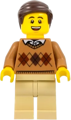 LEGOLAND Park Male - Dark Brown Hair, Medium Nougat Torso Argyle Sweater, Tan Legs minifigure