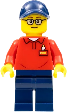 LEGOLAND Park Worker Male - Glasses, Dark Blue Hat, Red Polo Shirt with 'LEGOLAND' on Back and Dark Blue Legs minifigure