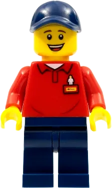 LEGOLAND Park Worker Male - Smiling, Dark Blue Hat, Red Polo Shirt with 'LEGOLAND' on Back and Dark Blue Legs minifigure