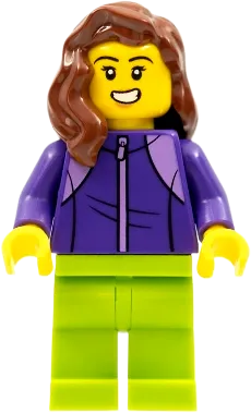 LEGOLAND Park Female - Reddish Brown Mid-Length Hair, Dark Purple Tracksuit, Lime Legs minifigure