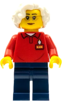LEGOLAND Park Worker Older Female - Glasses, White Hair, Red Polo Shirt with 'LEGOLAND' on Back and Dark Blue Legs minifigure