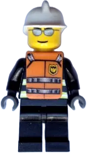 Fire - Reflective Stripes, Black Legs, White Fire Helmet, Silver Sunglasses, Orange Vest with Straps and Fire Logo and 'FIRE' Pattern (Stickers) minifigure