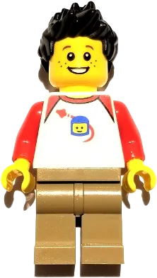 Son - Classic Space Shirt with Red Sleeves, Dark Tan Legs, Black Spiked Hair minifigure