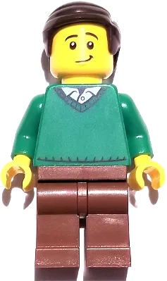 Father - Green V-Neck Sweater, Reddish Brown Legs, Dark Brown Combed Hair minifigure