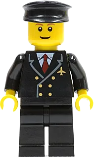 Pilot - Red Tie and 6 Buttons, Black Legs, Black Hat, Brown Eyebrows, Thin Grin minifigure