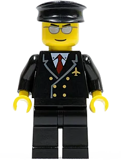 Pilot - Red Tie and 6 Buttons, Black Legs, Black Hat, Silver Glasses minifigure