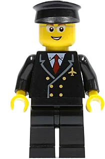 Pilot - Red Tie and 6 Buttons, Black Legs, Black Hat, Glasses and Open Smile minifigure