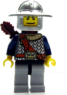 Fantasy Era - Crown Knight Scale Mail with Chest Strap, Helmet with Broad Brim, Dual Sided Head, Light Bluish Gray Legs, Quiver minifigure