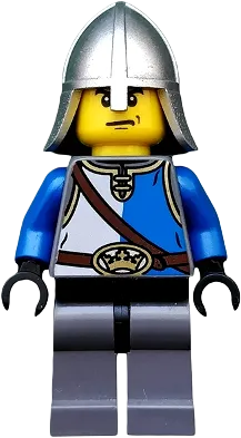 Castle - King's Knight Blue and White with Chest Strap and Crown Belt, Helmet with Neck Protector, Angry Eyebrows and Scowl minifigure