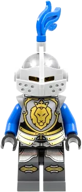 Castle - King's Knight Armor with Lion Head with Crown, Helmet with Pointed Visor, Blue Plume, Angry Face minifigure