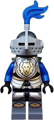 Castle - King's Knight Armor with Lion Head with Crown, Helmet with Pointed Visor, Blue Plume, Determined / Open Mouth Scared Pattern minifigure