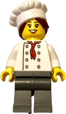 Chef - White Torso with 8 Buttons, Dark Bluish Gray Legs, Hair in Bun minifigure