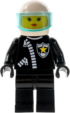 Zipper - Sheriff Star, White Helmet, Trans-Light Blue Visor, Female minifigure