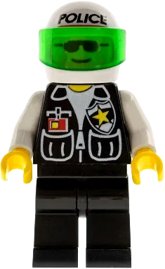 Sheriff Star and 2 Pockets - Black Legs, White Arms, White Helmet with Police Pattern, Trans-Green Visor minifigure