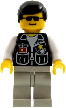 Sheriff Star and 2 Pockets - Light Gray Legs, White Arms, Black Male Hair minifigure