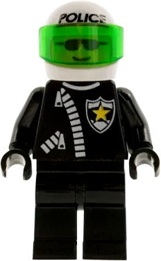 Zipper - Sheriff Star, White Helmet with Police Pattern, Trans-Green Visor minifigure