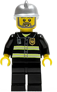 Fire - Reflective Stripes, Black Legs, Silver Fire Helmet, Gray Beard minifigure