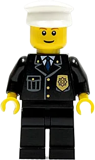 City Suit - Blue Tie and Badge, Black Legs, White Hat, Brown Eyebrows, Thin Grin minifigure