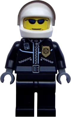 City Leather Jacket - Gold Badge, White Helmet, Trans-Brown Visor, Dark Blue Sunglasses minifigure