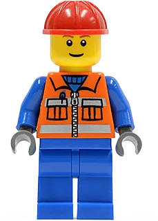 Construction Worker - Orange Zipper, Safety Stripes, Blue Arms, Blue Legs, Red Construction Helmet minifigure