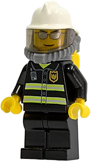 Fire - Reflective Stripes, Black Legs, White Fire Helmet, Silver Sunglasses, Breathing Neck Gear with Air Tanks minifigure