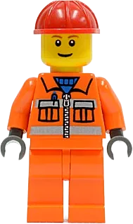 Construction Worker - Orange Zipper, Safety Stripes, Orange Arms, Orange Legs, Red Construction Helmet, Brown Eyebrows, Thin Grin minifigure