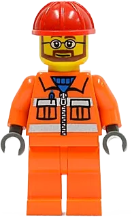 Construction Worker - Orange Zipper, Safety Stripes, Orange Arms, Orange Legs, Red Construction Helmet, Beard and Glasses minifigure