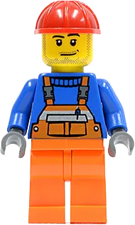 Overalls - Safety Stripe Orange, Orange Legs, Red Construction Helmet, Smirk and Stubble Beard minifigure
