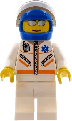 Doctor - Male, Jacket with Zipper and EMT Star of Life, White Legs, Blue Helmet, Trans-Brown Visor, Silver Sunglasses minifigure